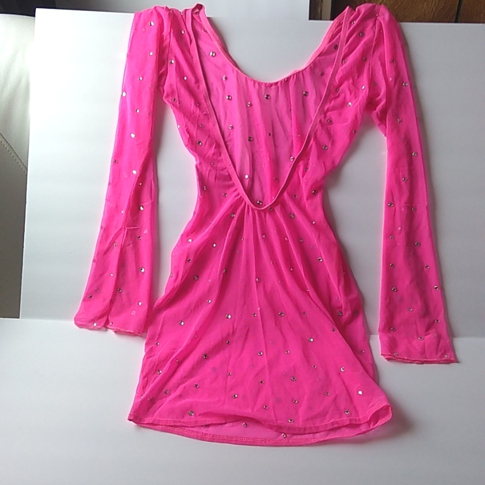 Hot Pink Rhinestone Covered Long Sleeve Sheer Festival Dancer Mini Dress sz M